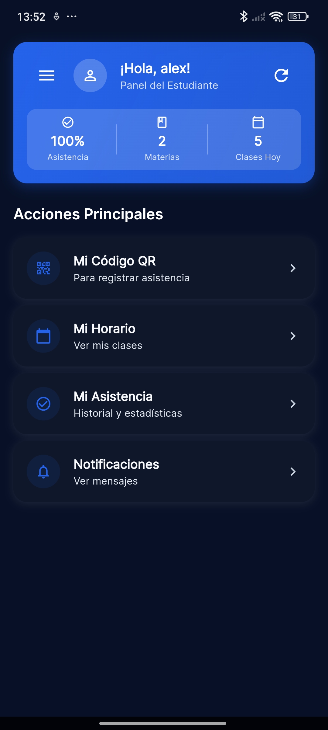 Panel del estudiante